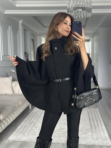 Siyah Tek Düğmeli Dik Yaka Kemerli Kadın Kaşe Panço