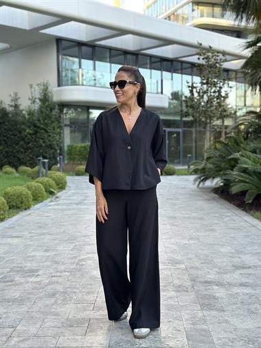 Siyah Tek Düğmeli Kimono Pantolon Keten Kadın Alt Üst Takım