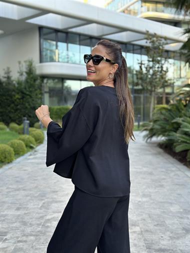 Siyah Tek Düğmeli Kimono Pantolon Keten Kadın Alt Üst Takım