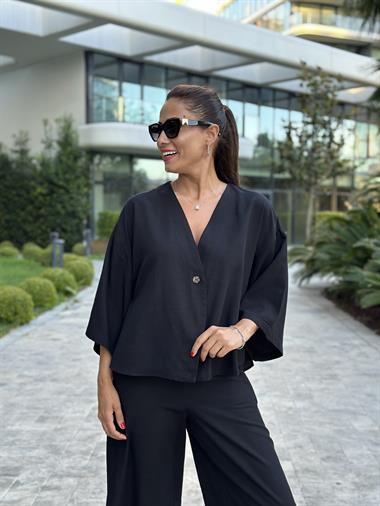 Siyah Tek Düğmeli Kimono Pantolon Keten Kadın Alt Üst Takım