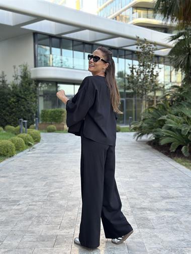 Siyah Tek Düğmeli Kimono Pantolon Keten Kadın Alt Üst Takım