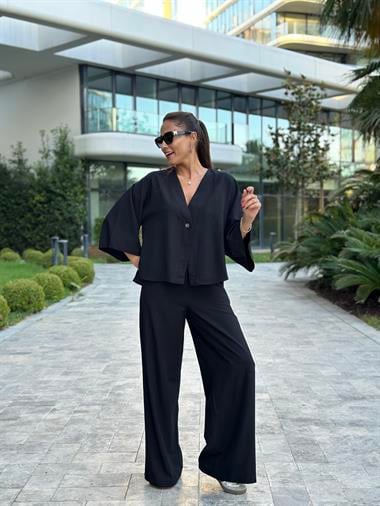 Siyah Tek Düğmeli Kimono Pantolon Keten Kadın Alt Üst Takım
