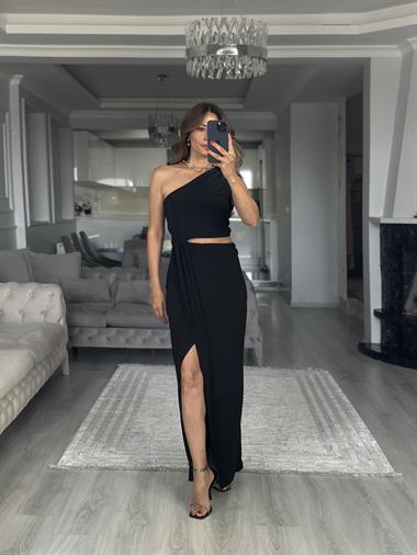 Siyah Tek Omuz Eteği Anvelop Sandy Maksi Boy Kadın Elbise