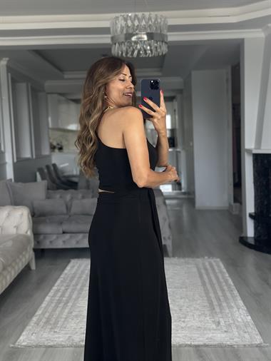 Siyah Tek Omuz Eteği Anvelop Sandy Maksi Boy Kadın Elbise