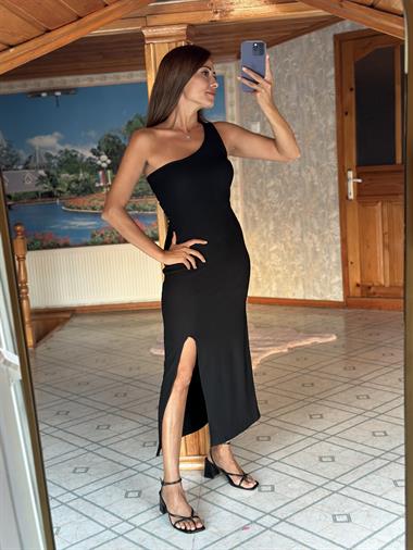 Siyah Tek Omuz Ottoman Kumaş Yırtmaçlı Kadın Elbise 