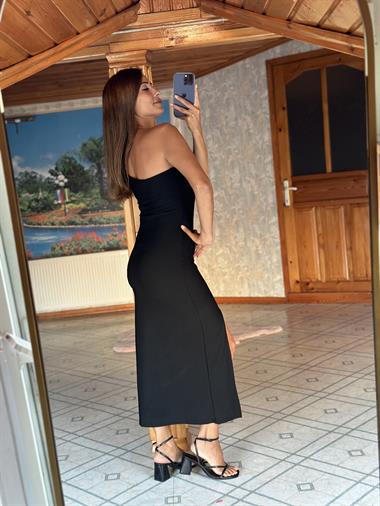 Siyah Tek Omuz Ottoman Kumaş Yırtmaçlı Kadın Elbise 