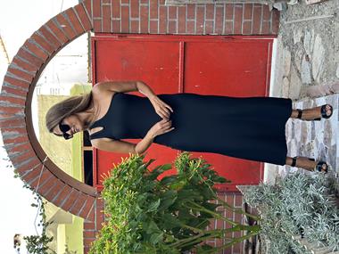 Siyah Tek Omzu Çift Askılı Ottoman Kumaş Yırtmaçlı Kadın Elbise