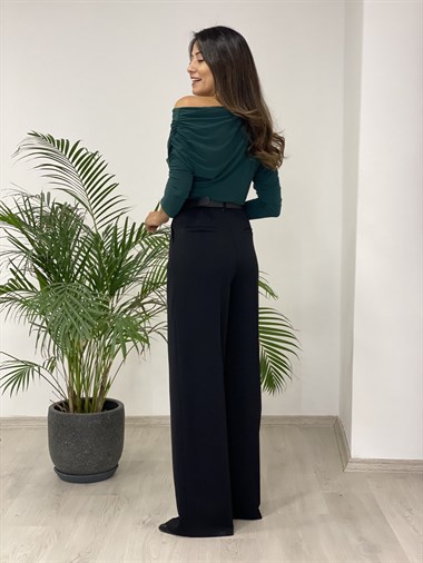 Siyah Tek Pileli Cepli Palazzo Kadın Pantolon