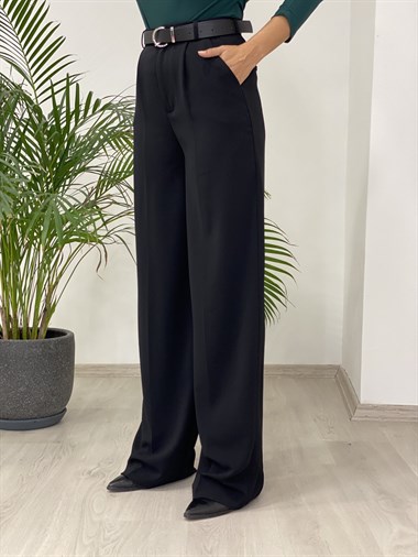 Siyah Tek Pileli Cepli Palazzo Kadın Pantolon