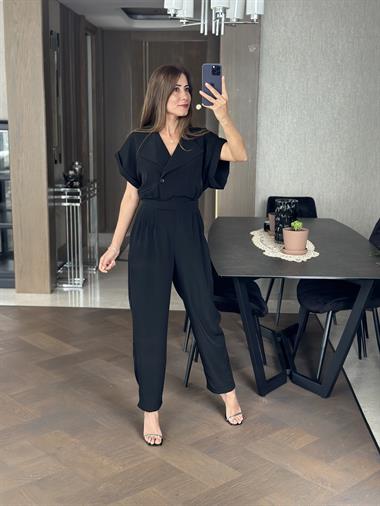 Siyah Havuç Model Önü Düğmeli Kadın Tulum