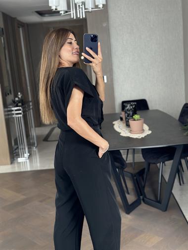 Siyah Havuç Model Önü Düğmeli Kadın Tulum