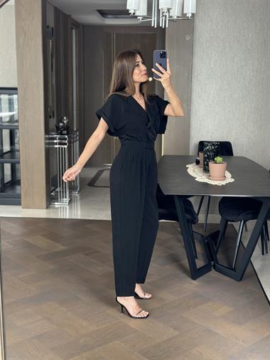 Siyah Havuç Model Önü Düğmeli Kadın Tulum