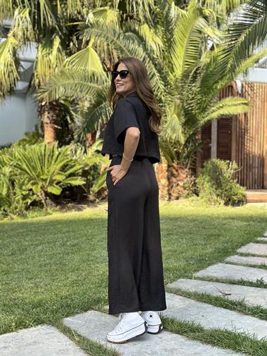 Siyah Tin Tin Crop Gömlek Pantolon Kadın İkili Takım