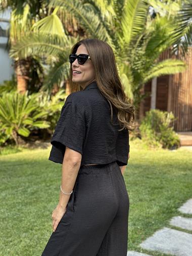 Siyah Tin Tin Crop Gömlek Pantolon Kadın İkili Takım