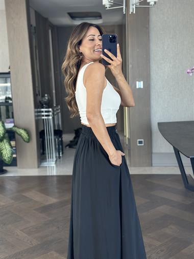 Siyah Tnsl Kumaş Beli Lastikli Cepli Kadın Midi Boy Etek