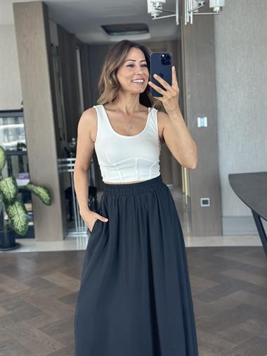 Siyah Tnsl Kumaş Beli Lastikli Cepli Kadın Midi Boy Etek