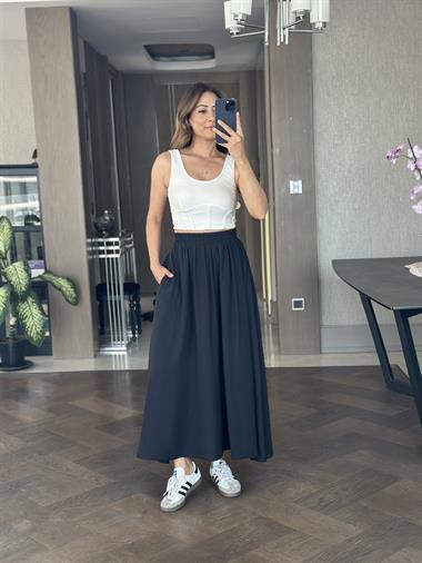 Siyah Tnsl Kumaş Beli Lastikli Cepli Kadın Midi Boy Etek