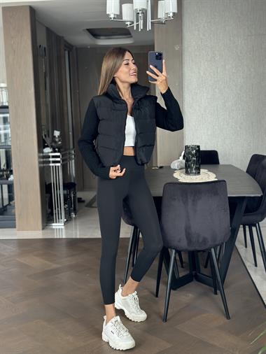 Siyah Triko Kollu Beli Ayarlanabilir Lastikli Kadın Şişme Mont