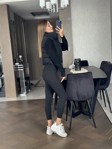 Siyah Triko Kollu Beli Ayarlanabilir Lastikli Kadın Şişme Mont