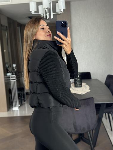 Siyah Triko Kollu Beli Ayarlanabilir Lastikli Kadın Şişme Mont