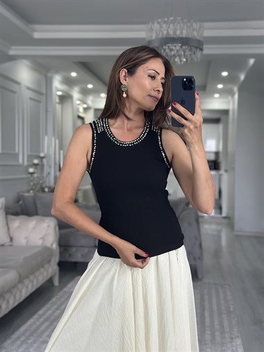 Siyah Troklu Sıfır Kol Kaşkorse Kadın Body