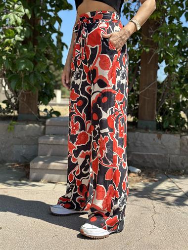 Siyah Turuncu Desenli Bağcıklı Cepli Kadın Pantolon