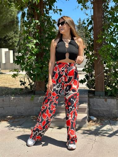 Siyah Turuncu Desenli Bağcıklı Cepli Kadın Pantolon