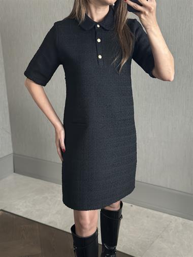 Siyah Tüvit Polo Yaka Kısa Kol Üç Düğmeli Kadın Mini Elbise
