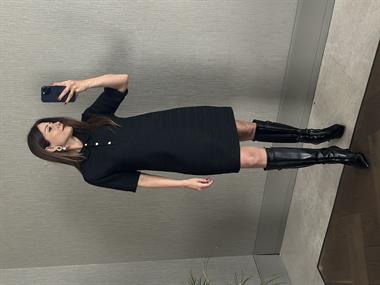 Siyah Tüvit Polo Yaka Kısa Kol Üç Düğmeli Kadın Mini Elbise