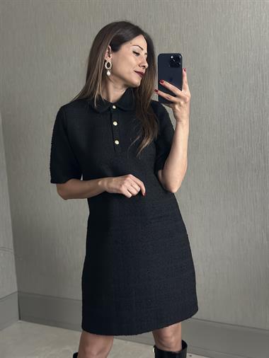 Siyah Tüvit Polo Yaka Kısa Kol Üç Düğmeli Kadın Mini Elbise