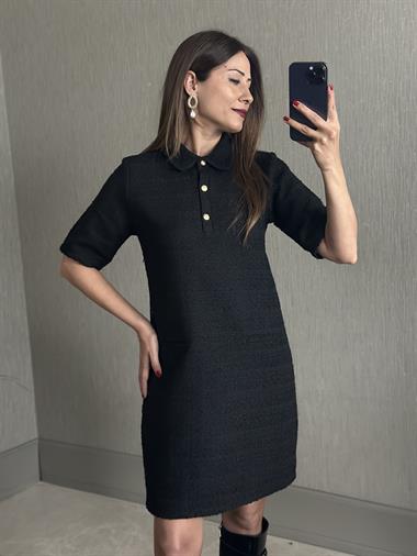 Siyah Tüvit Polo Yaka Kısa Kol Üç Düğmeli Kadın Mini Elbise