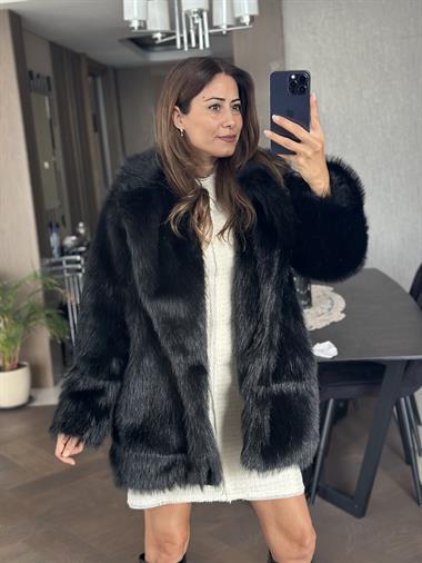 Siyah Uzun Boy Lolita Kadın Kürk Mont