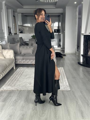 Siyah Uzun Kol Kare Yaka Çift Taraf Fermuarlı Ottoman  Midi Boy Kadın Elbise 