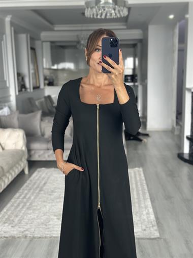 Siyah Uzun Kol Kare Yaka Çift Taraf Fermuarlı Ottoman  Midi Boy Kadın Elbise 