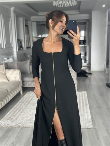 Siyah Uzun Kol Kare Yaka Çift Taraf Fermuarlı Ottoman  Midi Boy Kadın Elbise 
