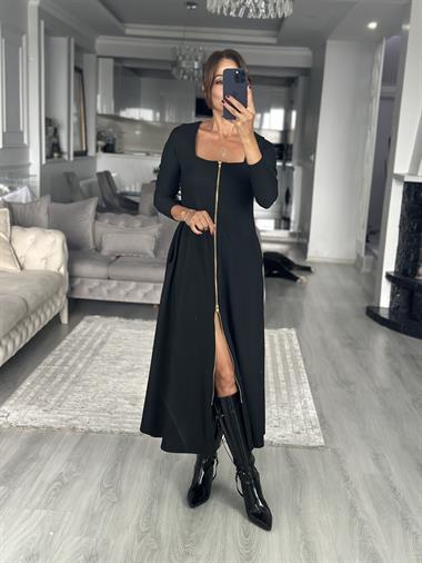 Siyah Uzun Kol Kare Yaka Çift Taraf Fermuarlı Ottoman  Midi Boy Kadın Elbise 