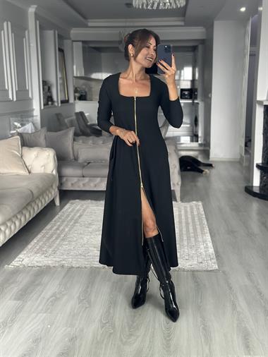 Siyah Uzun Kol Kare Yaka Çift Taraf Fermuarlı Ottoman  Midi Boy Kadın Elbise 