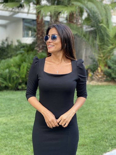 Siyah Uzun Kol Kare Yaka Prenses Kadın Elbise