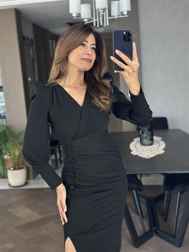 Siyah Uzun Kol Kruvaze Yaka Düğme Detay Krep Kadın Midi Boy Elbise