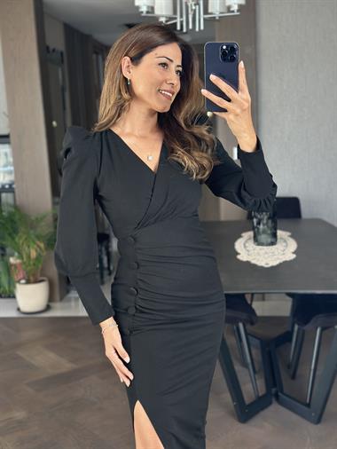Siyah Uzun Kol Kruvaze Yaka Düğme Detay Krep Kadın Midi Boy Elbise