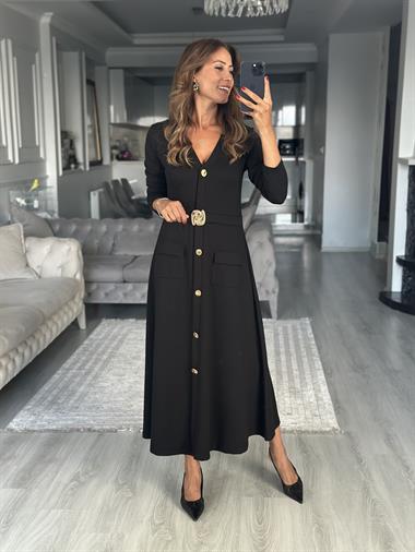Siyah Uzun Kol V Yaka Kemeri Broş Detaylı  Midi Boy Kadın Elbise 
