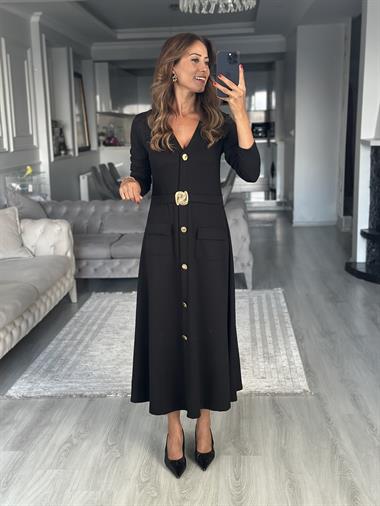 Siyah Uzun Kol V Yaka Kemeri Broş Detaylı  Midi Boy Kadın Elbise 