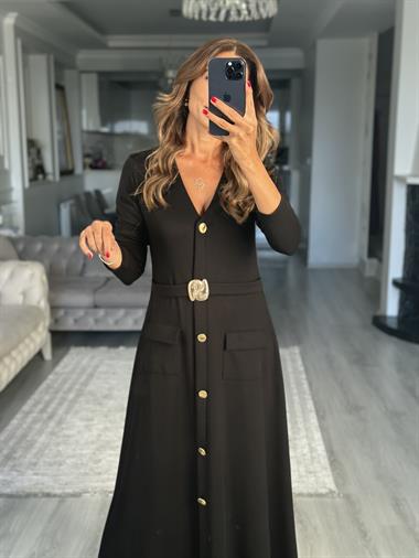 Siyah Uzun Kol V Yaka Kemeri Broş Detaylı  Midi Boy Kadın Elbise 
