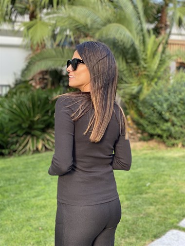 Siyah Uzun Kol Yaka V Demirli Kadın Body