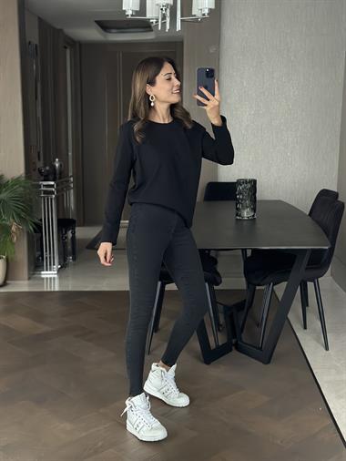 Siyah Uzun Kollu Bisiklet Yaka Basic Kadın T-shirt