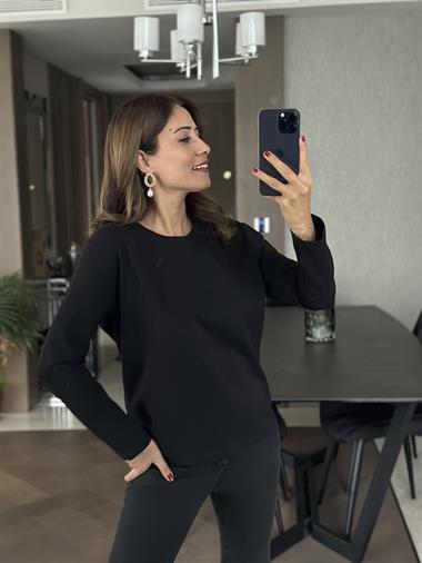 Siyah Uzun Kollu Bisiklet Yaka Basic Kadın T-shirt