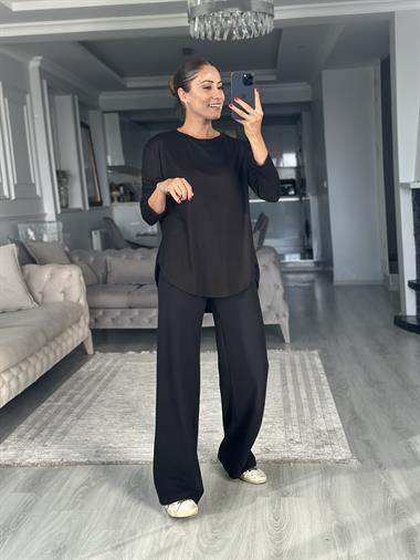 Siyah Uzun Kollu Eteği Oval Kadın Bluz