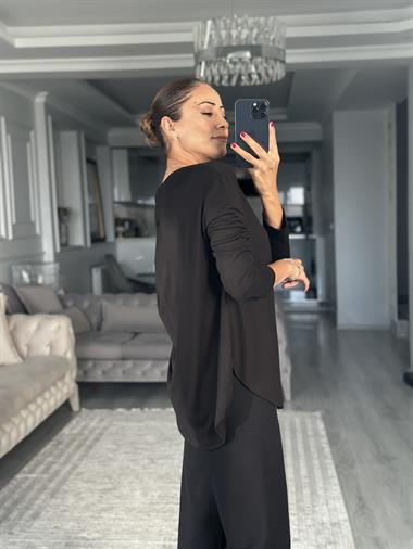 Siyah Uzun Kollu Eteği Oval Kadın Bluz
