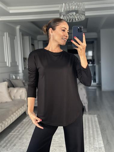 Siyah Uzun Kollu Eteği Oval Kadın Bluz