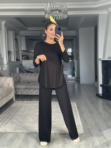 Siyah Uzun Kollu Eteği Oval Kadın Bluz